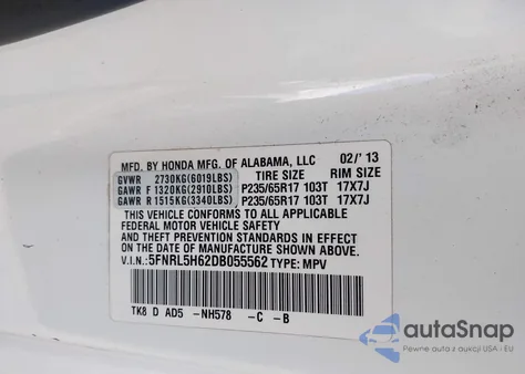 2013 Honda Odyssey Ex-L z USA, uszkodzony, nr VIN 5FNRL5H62DB055562
